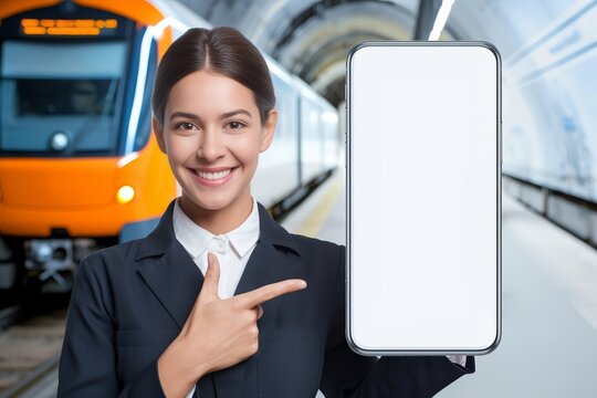 Smiling metro employee pointing at blank smartphone screen with subway train arriving in background. Mobile application mockup for transportation services, ticket booking and urban mobility apps.