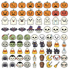 Fototapeta premium Cute Halloween-themed cartoon characters and icons