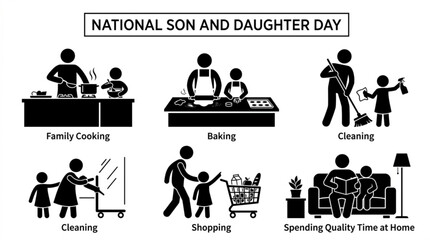 Fototapeta premium National Son and Daughter Day icons, family activities, parenting illustrations, black and white vector graphics
