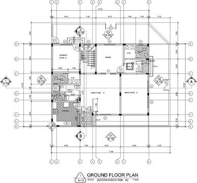 Comprehensive Ground Floor Architectural Layout Plan for Accommodation Building Featuring Multi-Functional Sitting Rooms and Service Areas for Structural Planning