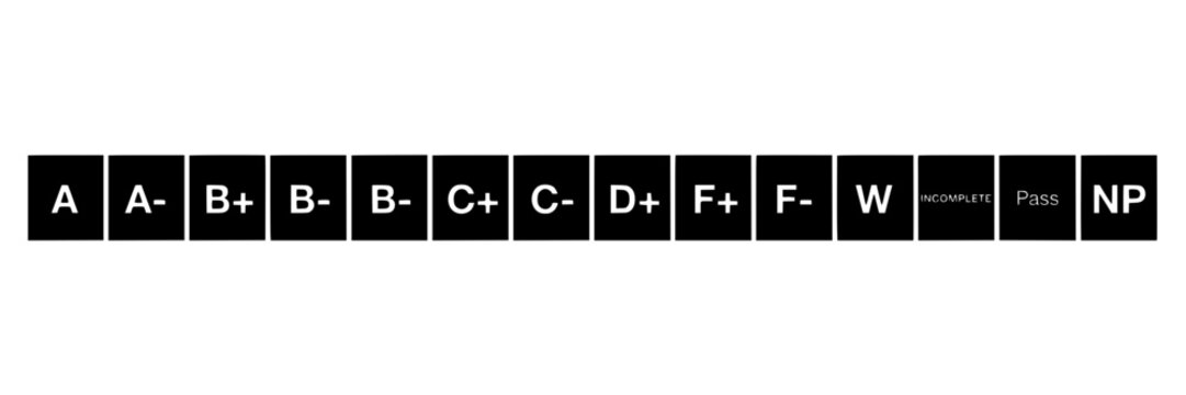 Grade Icons Showing Letter Grades From a to Np in Black Squares with White Lettering Featuring Icon, A, B with C and D Elements