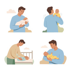 Fototapeta premium Caring newborn father taking care of his little infant baby boy or girl in cozy flat vector character design collection