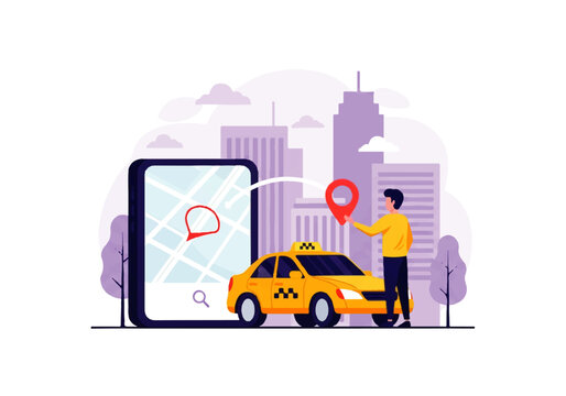 Vector flat design illustration of a man using a mobile app to hail a yellow taxi cab in a modern city with skyscrapers