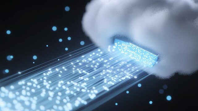 Digital cloud releasing glowing data stream onto microchip, cloud computing technology, information storage concept, futuristic network innovation.