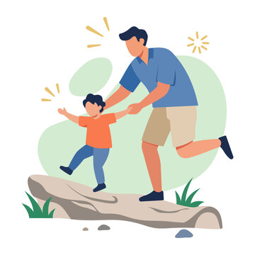 Courageous father helping his son balance and walk across a fallen log bridge during forest adventure trip