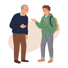 Fototapeta premium Senior adult kakek grandfather discussing and talking with his mature adult son wearing backpack