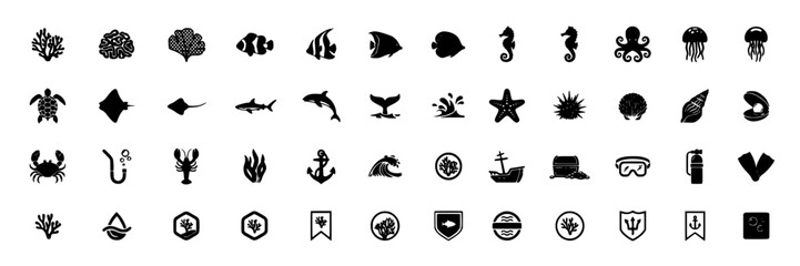 Fototapeta premium Icons Depicting Coral Reef Ecosystem Elements and Related Symbols in Black and White Featuring Illustration, Marine, Life
