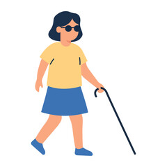 Fototapeta premium Brave young blind girl with sunglasses and walking cane walking independently isolated cartoon character asset