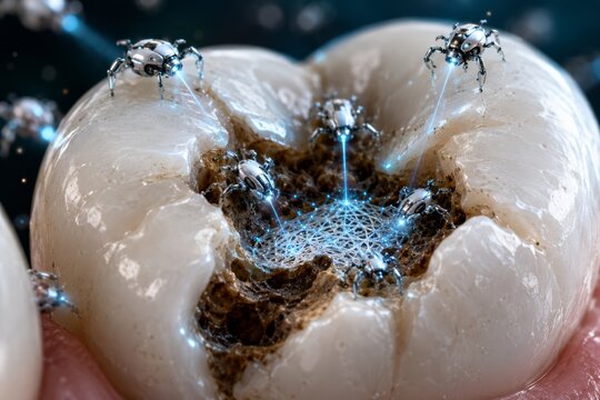 Nanobots treat tooth decay in close-up. Damaged enamel with visualization of microrobots inside the cavity, macro view, dental treatment concept.