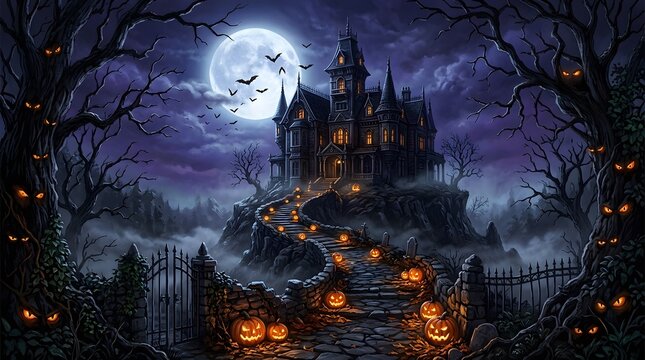 Happy halloween spooky night with glowing pumpkins and haunted mansion