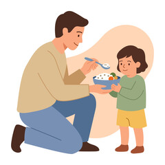 Fototapeta premium Loving father crouching down to feed his little toddler child with a spoon flat vector child care routine