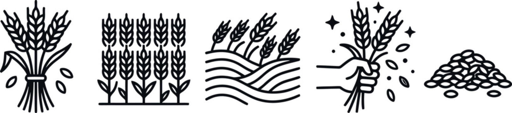 Collection of agricultural wheat icons featuring sheaves fields hands harvesting and grain piles