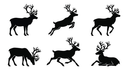 Obraz premium A set of six Reindeer in various poses silhouette vector illustration on a white background 