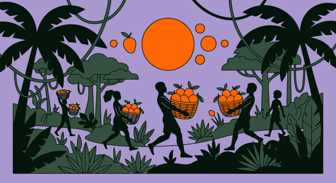 Tropical harvest scene with farmers carrying fruit baskets in a jungle