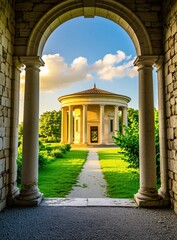 Obraz premium Sunlit pathway leads to circular ancient building with columns. Stone archway frames green garden lawn and blue sky with clouds. Timeless architecture in European style.