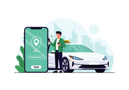 Vector flat design illustration of a man using a mobile app to order a taxi, with a car and city skyline