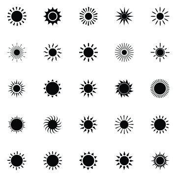 Collection of black sunburst icons on white background