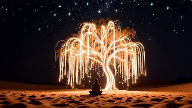 Person meditating under glowing tree at night