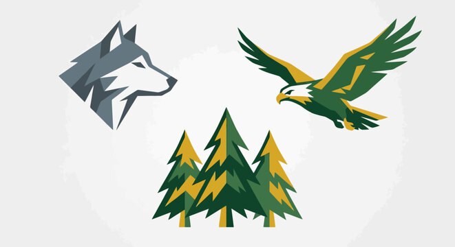 Geometric vector set featuring a wolf head eagle and pine trees