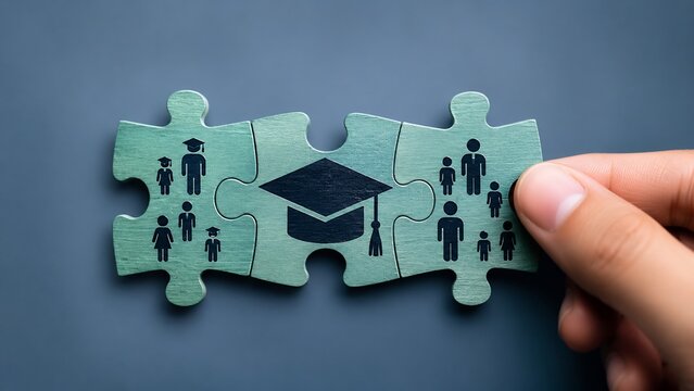Hand connecting puzzle pieces with graduation cap and student icons for education success and career planning concept.