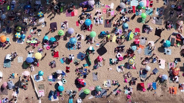 Aerial drone view of a crowded summer lake beach with people swimming and sunbathing. Colorful umbrellas, water obstacle course on lake, on a sunny day. Lake Pogoria in Dabrowa Gornicza, Poland