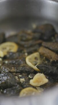 Close-up of making traditional Turkish stuffed grape leaves sarma