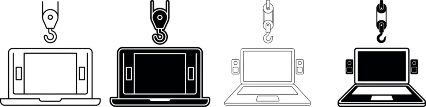 Set of minimalist laptop icons with lifting hook symbols technology computer industrial hardware