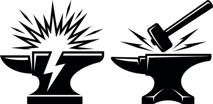 Industrial blacksmith anvil icons with hammer and lightning blacksmith industry lightning