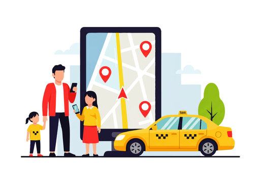Vector flat design illustration of a family using a mobile app for taxi navigation with a yellow car and map pins
