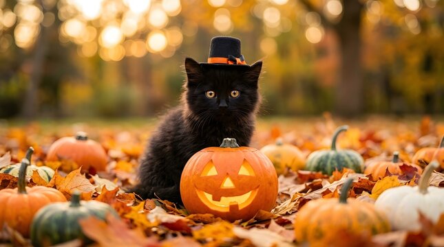 Happy halloween kitty in pumpkin patch with jack o lantern