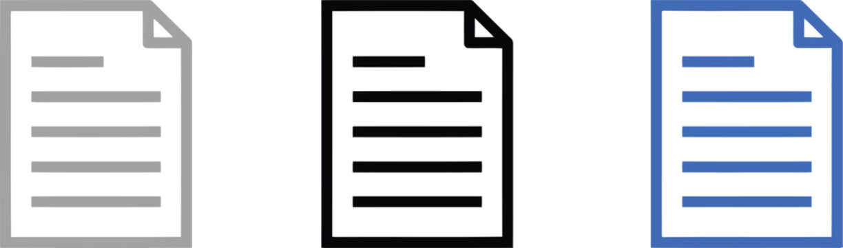 Three document with text lines, featuring a gray outline version, a solid black version, and a solid blue version isolated on white background