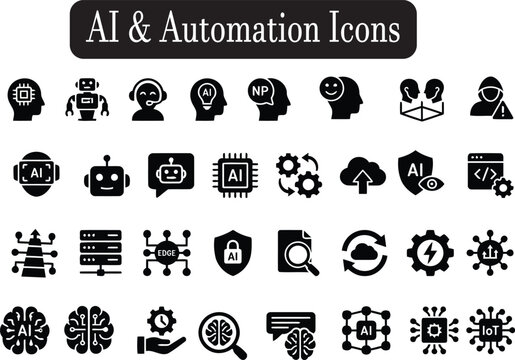 AI and Automation Silhouette Icons Black Vector Set