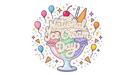 Fototapeta premium Happy National Ice Cream Day celebration with colorful ice cream cones and balloons