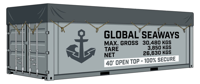 40 Foot Open Top Shipping Container with Tarp, Global Seaways Logo and Anchor