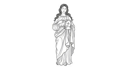 Fototapeta premium A serene woman holds a book with a cross, standing in a classical style. She is depicted with long, flowing hair and a contemplative expression.