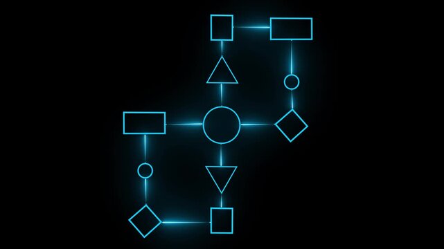 Business process and workflow automation with flowchart. Business and technology concept. Visualizes step-by-step progression through a procedure or system on black background.4K video animation.