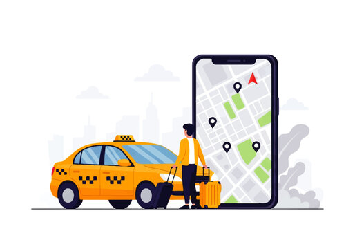 Vector flat design illustration of a person with luggage next to a yellow taxi and a smartphone displaying a navigation
