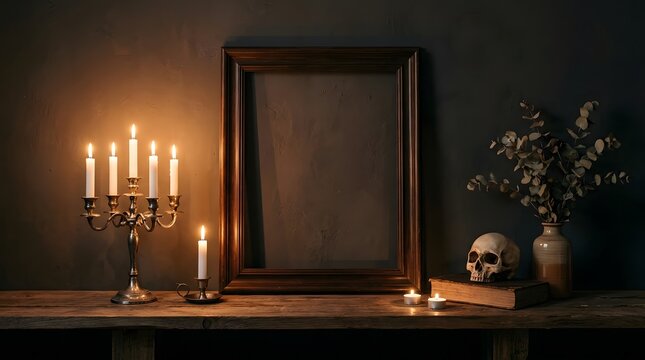 Happy halloween spooky decor with candles skull and frame