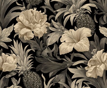 Exotic Hawaiian Floral Pineapple Pattern with Tropical Flowers and Pineapples on a Dark Background Detailed Texture Vibrant Colors and Leaf Motifs in a Seamless Design