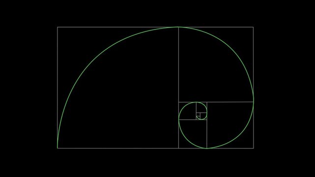 Golden ratio transparent video - The Fibonacci Sequence animated with lines shape. 4k video Alpha channel animation black background