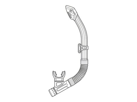 A black and white line drawing depicts a scuba diving regulator. The regulator features a mouthpiece, a flexible hose, and a purge valve.