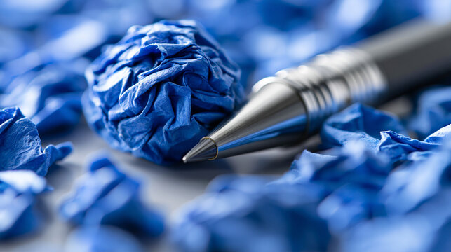 Bleistiftspitze liegt neben zerkn&uuml;lltem blauem Papierball