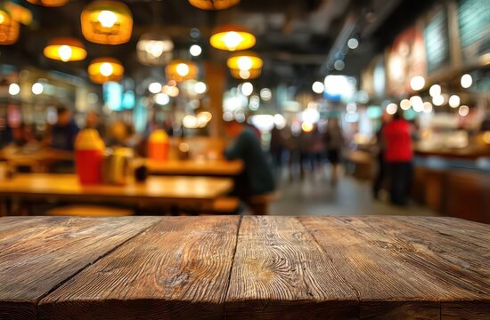Empty Textured Wooden Table in Foreground With Blurred Warmly Lit Restaurant Interior and Patrons in Background