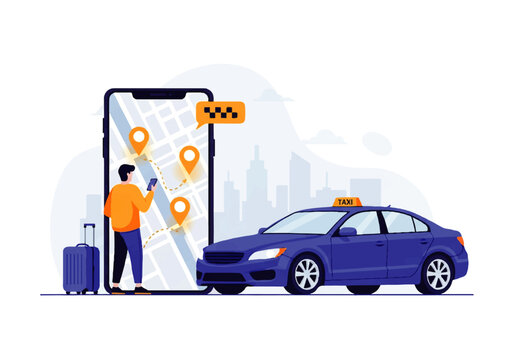 Vector flat design illustration of a person using a mobile app to hail a taxi with a map and pins, showing a blue car