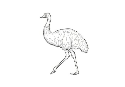 A sketch of an emu stands upright on a white background. The emu has a long neck and legs, and its feathers are detailed with fine lines.