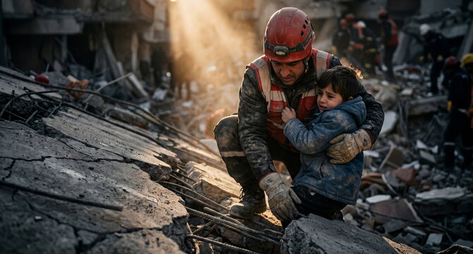 Action-oriented documentary photo of a helmeted rescue worker lifting a frightened child over cracked concrete and twisted rebar, with dust, headlamp, and gloved hands visible, late-afternoon