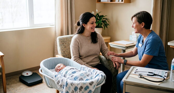 Lifestyle medical photo of a postpartum woman talking with a nurse during a follow-up visit, with a baby blanket, stethoscope, and bathroom-style scale nearby, soft natural light, reassuring
