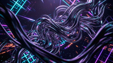 Obraz premium Abstract Metallic Ribbons Swirling in Neon Grid Sci-Fi Environment
