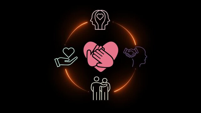 Empathy concept on the black background. The power of emotional intelligence, soft skill development. Empathy in the workplace, good leaders, good teams. Motion graphics of compassion idea. HD video