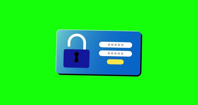 Animation of a Secure Password Login Interface with an Open Padlock Icon on Blue Panel and green screen background.